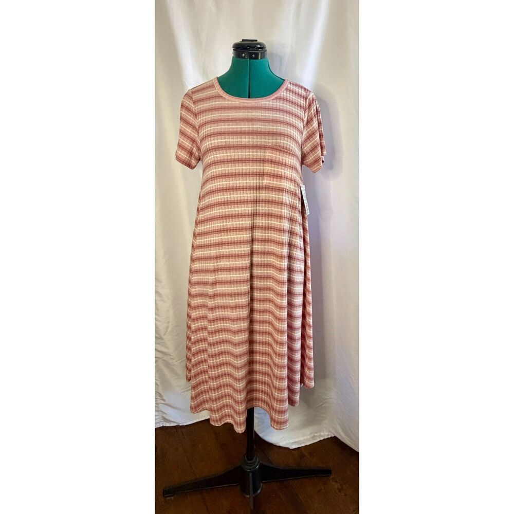 NWT LuLaRoe Carly swing dress in a pink and cream striped ribbed fabric